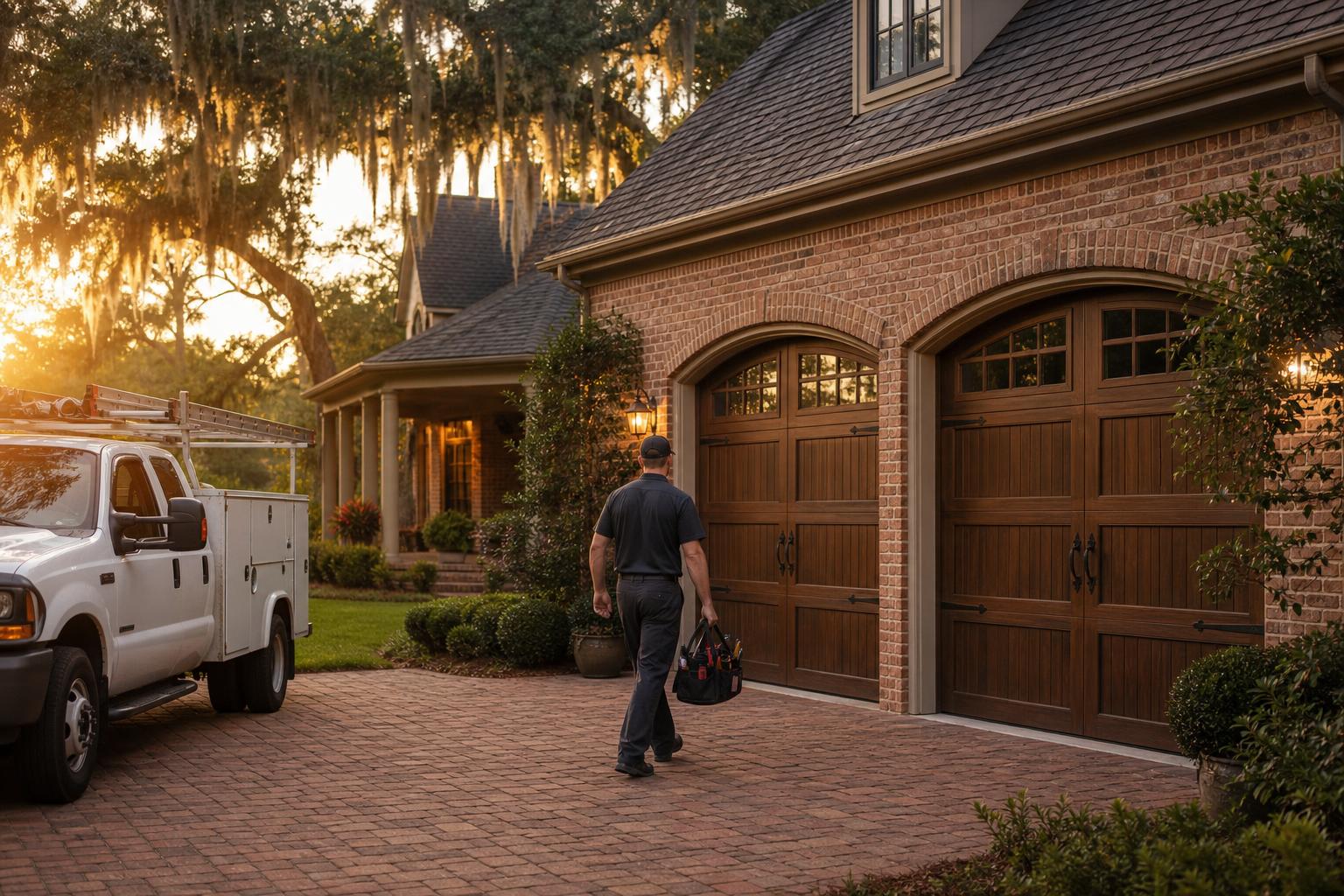 Aiken SC home with carriage-style garage doors at golden hour, with a Whiskey Road Garage Door Repair technician and service truck